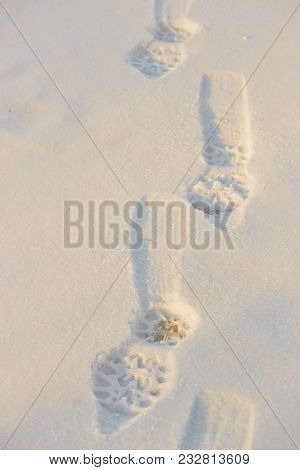 Footprints In The Snow In The Golden Hour.