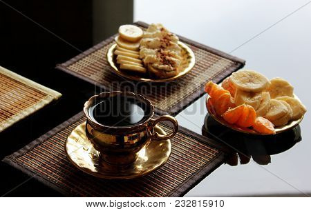 Cup Of Black Coffee On The Table In Golden China Cup Fruits Surved Breakfast Delicious Meal