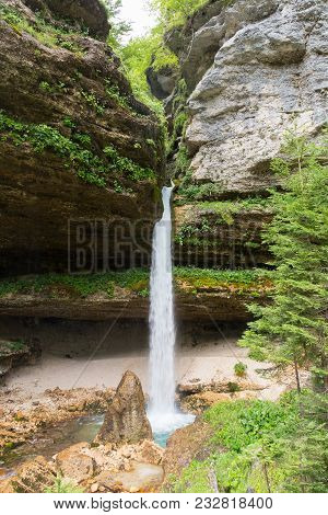 Upper Pericnik Waterfall In Slovenian Alps In Autumn, Triglav National Park.