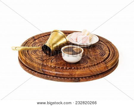 Turkish Black Coffee Served In A Traditional Manner. It Was Made In Brass Jezve And Served With Raha