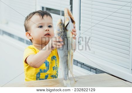 A Child In The Kitchen With A Big Fish Does Not Know What To Do With It
