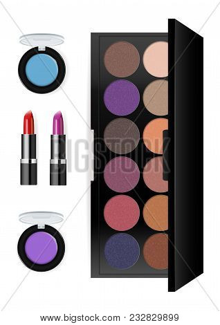 Realistic Makeup Cosmetics Set Isolated On White Background Illustration. Lipstick, Facepowder, Poma