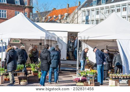 Slagelse Denmark - February 24. 2018: Market In City Center Of Town Of Slagelse In Denmark