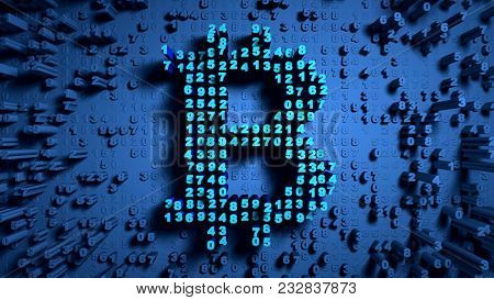 Abstract numbers Random motion in the form of coins bitcoin, blue color 3d
