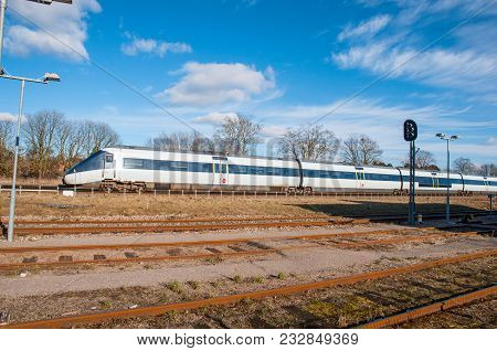 Tollose Denmark - February 24. 2018: Dsb Ic4 Regional Diesel Train Arrives To Tollose Train Station
