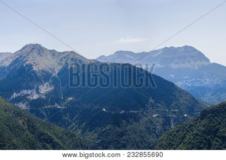 Panoramic View Of Mountain In National Park Of Tzoumerka, Greece Epirus Region. Mountain In The Clou
