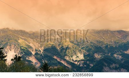 Panoramic View Of Mountain In National Park Of Tzoumerka, Greece Epirus Region. Mountain In The Clou