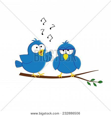 Cute Cartoon Blue Birds Couple Sitting On The Brunch. Vector Illustration Isolated On White Backgrou
