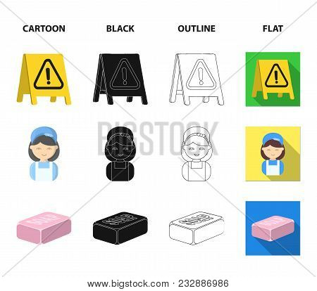 Cleaning And Maid Cartoon, Black, Outline, Flat Icons In Set Collection For Design. Equipment For Cl