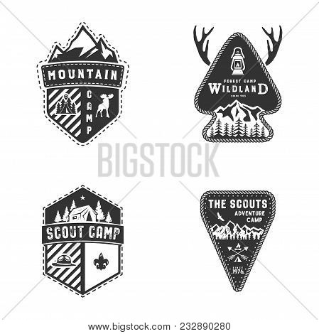 Travel Badges, Outdoor Activity Logo Collection. Scout Camps Emblems. Vintage Hand Drawn Travel Badg