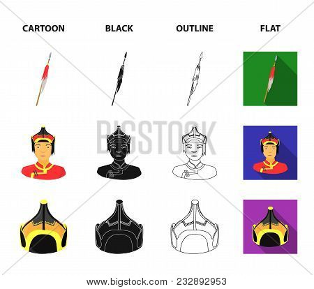 Military Spear, Mongolian Warrior, Helmet, Building.mongolia Set Collection Icons In Cartoon, Black,