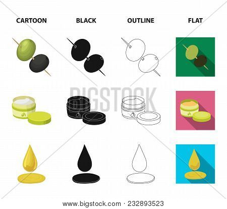 Olives On Skewers. A Piece Of Black Olives, A Jar Of Cream, A Drop Of Oil.olives Set Collection Icon