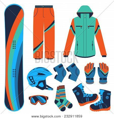 Snowboard Equipment Or Snowboard Kit. Extreme Winter Sports. Snowboard, Snowboard Goggles, Snowboard
