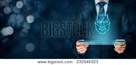 Digital Tablet Face Detection Concept. Facial Recognition Protection And Security.