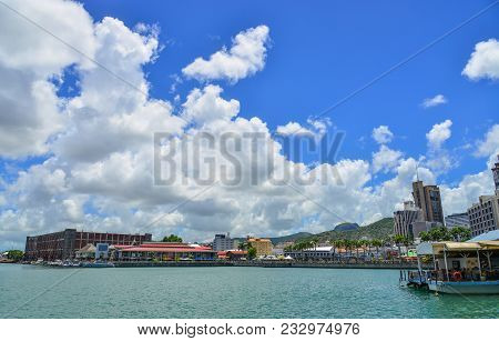 Port Louis, Mauritius - Jan 4, 2017. Cityscape Of Port Louis, Mauritius. View From Caudan Waterfront
