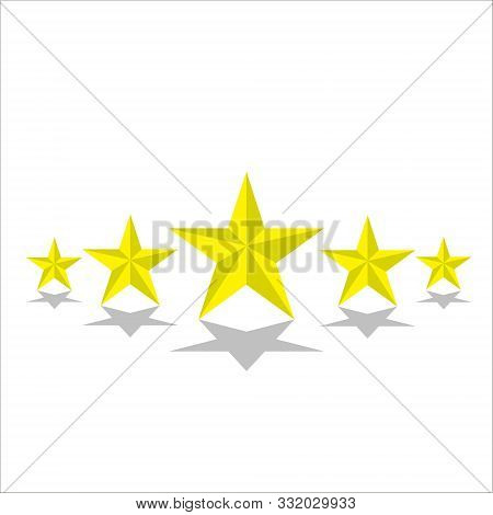 Five Golden Stars With Reflection On White Background, Vector Illustration.