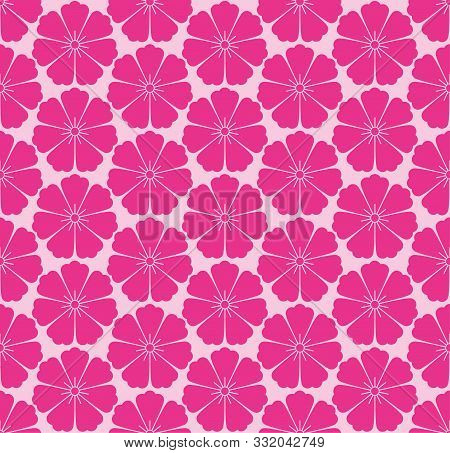 Seamless Japanese Flowers Vector Pattern On White