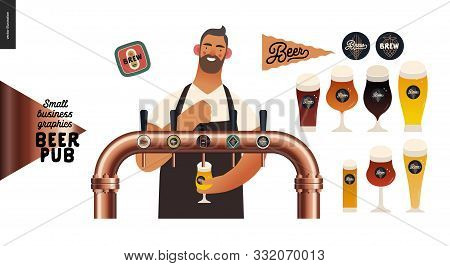 Brewery, Craft Beer Pub -small Business Graphics -male Visitor At The Bar Countera Bartender-modern 