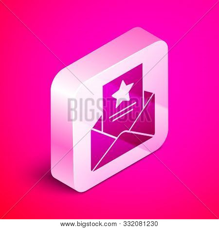 Isometric The Arrest Warrant Icon Isolated On Pink Background. Police Badge With Document. Warrant, 