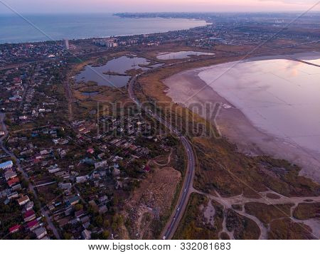 Aerial Shot Above Odessa Kuyalnik Liman. A Mud Baths Retreat Clinic Center In Ukraine, Water Reservo