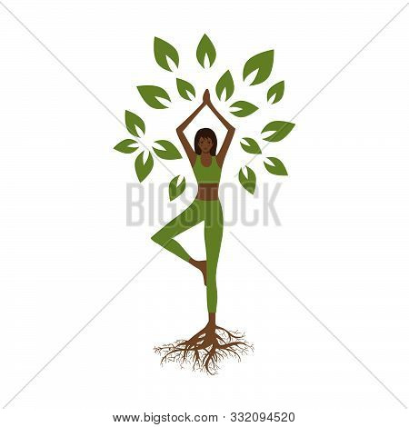 Woman Practicing Yoga And Tree Leaves, Vector Graphic Design Element