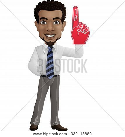 Vector Illustration Of Happy Businessman Showing Number One With Foam Finger