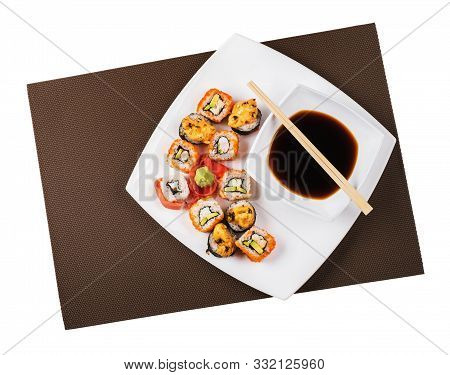 Japanese Sushi In A Plate Isolated On White Background, Top View