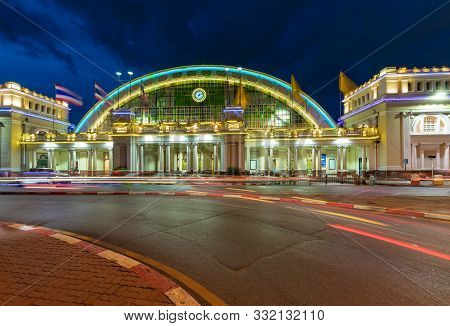 Bangkok Railway Station At Night In Bangkok, Thailand.