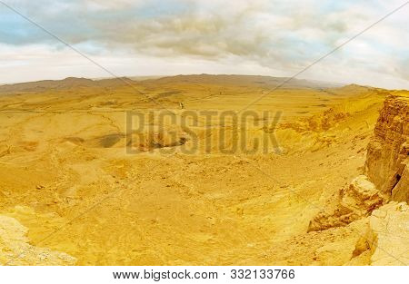Panoramic Sunset View Of Makhtesh (crater) Ramon, In The Negev Desert, Southern Israel. It Is A Geol