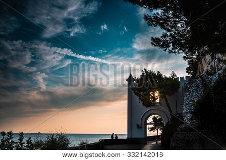 Entrance Of The Miramare Castle In Trieste Italy In Europe Next To The Mediterranean Sea With A Coup