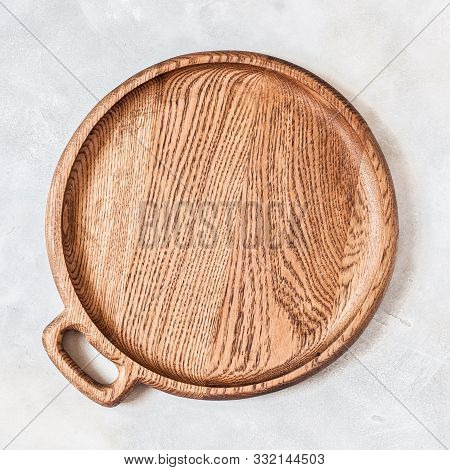 Empty Round Wooden Dish On Grey Concrete Background, Square, Copy Space For Your Text