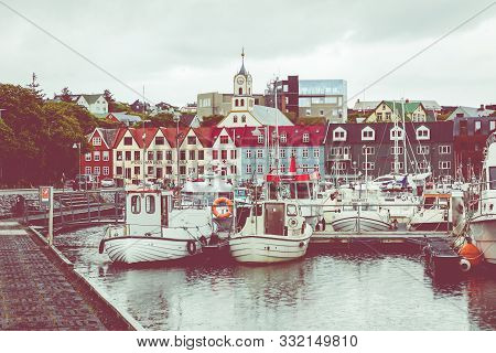 Torshavn, Faroe Islands - July 05, 2019: Old Town Of Capital City Of Torshavn. Typical Houses With P