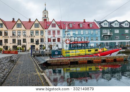 Torshavn, Faroe Islands - July 05, 2019: Old Town Of Capital City Of Torshavn. Typical Houses With P