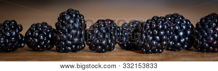 Panorama, Closeup Of Fresh Raw Blackberries On Wooden Table, Rubus Sectio Rubus