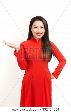 Vietnamese Women Dress Traditional Aodai And Introduce On White Background