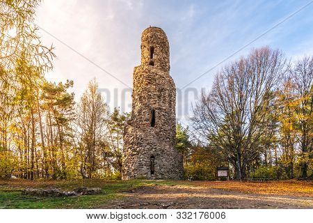 Spiral Lookout Tower Of Krasno. Unusual Stone Landmark Near Krasno Village, Czech Republic