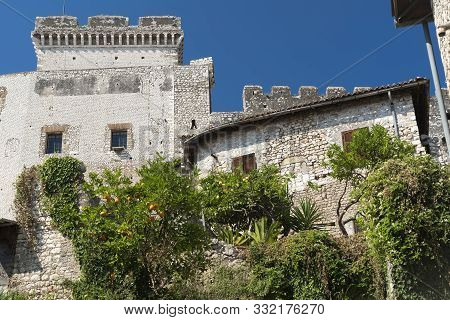 Sermoneta, Latina, Lazio, Italy: Typical Buildings Of The Historic Town With Orange And Lemon Trees