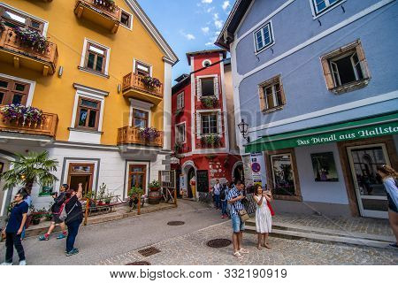 Hallstatt, Austria - July, 2019: Town Square In Hallstatt, Austria. Hallstatt Is Historical Village
