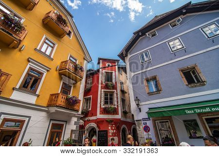 Hallstatt, Austria - July, 2019: Town Square In Hallstatt, Austria. Hallstatt Is Historical Village
