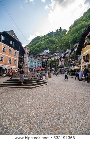 Hallstatt, Austria - July, 2019: Town Square In Hallstatt, Austria. Hallstatt Is Historical Village