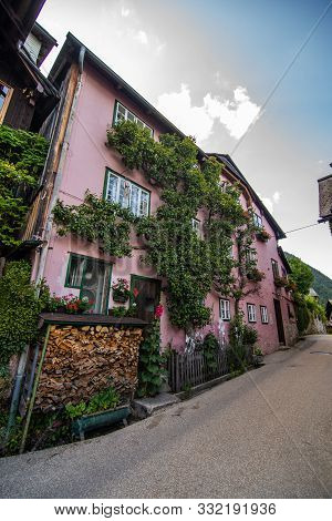 Hallstatt, Austria - July, 2019: Town Square In Hallstatt, Austria. Hallstatt Is Historical Village