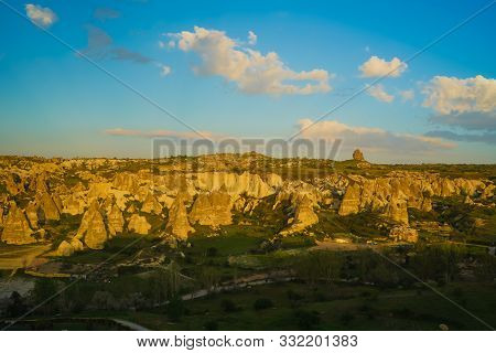 Sunset Panoramic View To Goreme City And Gorkundere Valley Cappadocia, Turkey