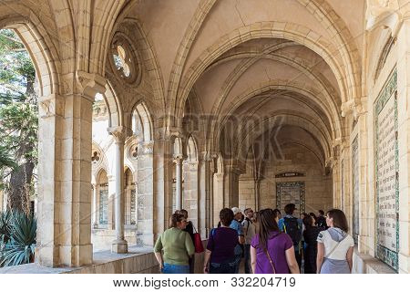 Jerusalem, Israel, November 02, 2019 : Numerous Tourists Exploring Monastery Carmel Pater Noster Gar