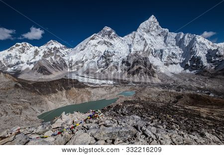 Day Panoramic View Of  Mountains: Mount Everest 8848m, Nuptse 7861m, Everest Base Camp Path And Khum