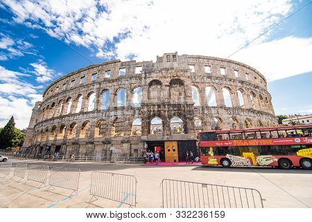 Pula, Croatia - July, 2019: Roman Temple Colloseum Amphitheatre In Pula Croatia