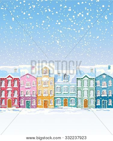 Winter Colorful City Buildings Covered In Snow Blizzard. Vibrant Colors. Front View. Vector