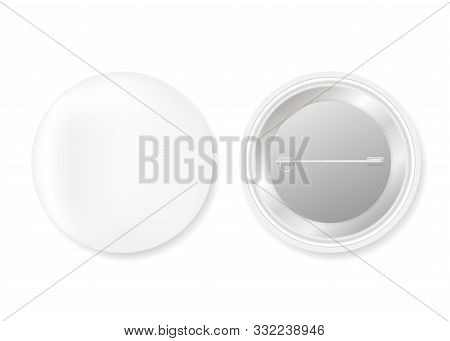 Pin Badges. White Round Blank Button. Souvenir Magnet Badging Mockup. Vector Stock Illustration.