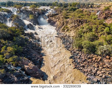 Aerial Landscape Epupa Falls, Kunene River In Northern Namibia And Southern Angola Border. Beautiful