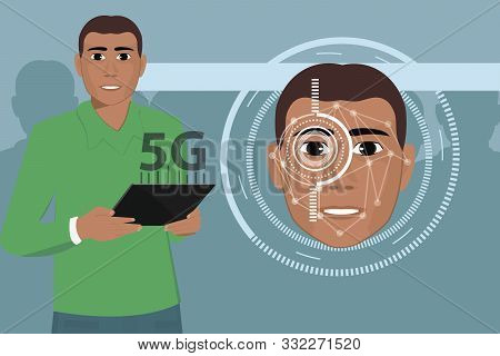 Phone With Face Recognition System Is A Concept Of Modern Technologies. Vector Illustration