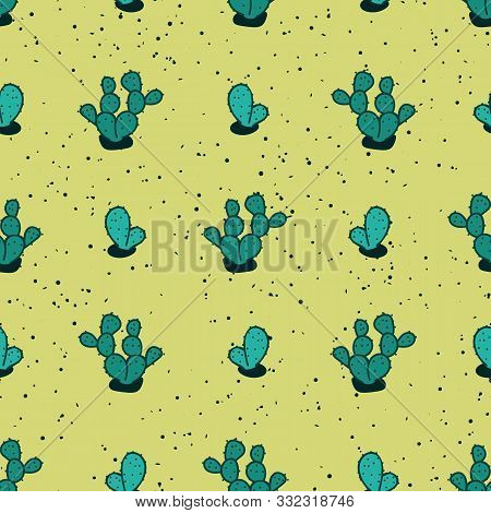 A Seamless Vector Pattern With Teal Cati Plants On A Yellow Desert Sand. Surface Print Design.